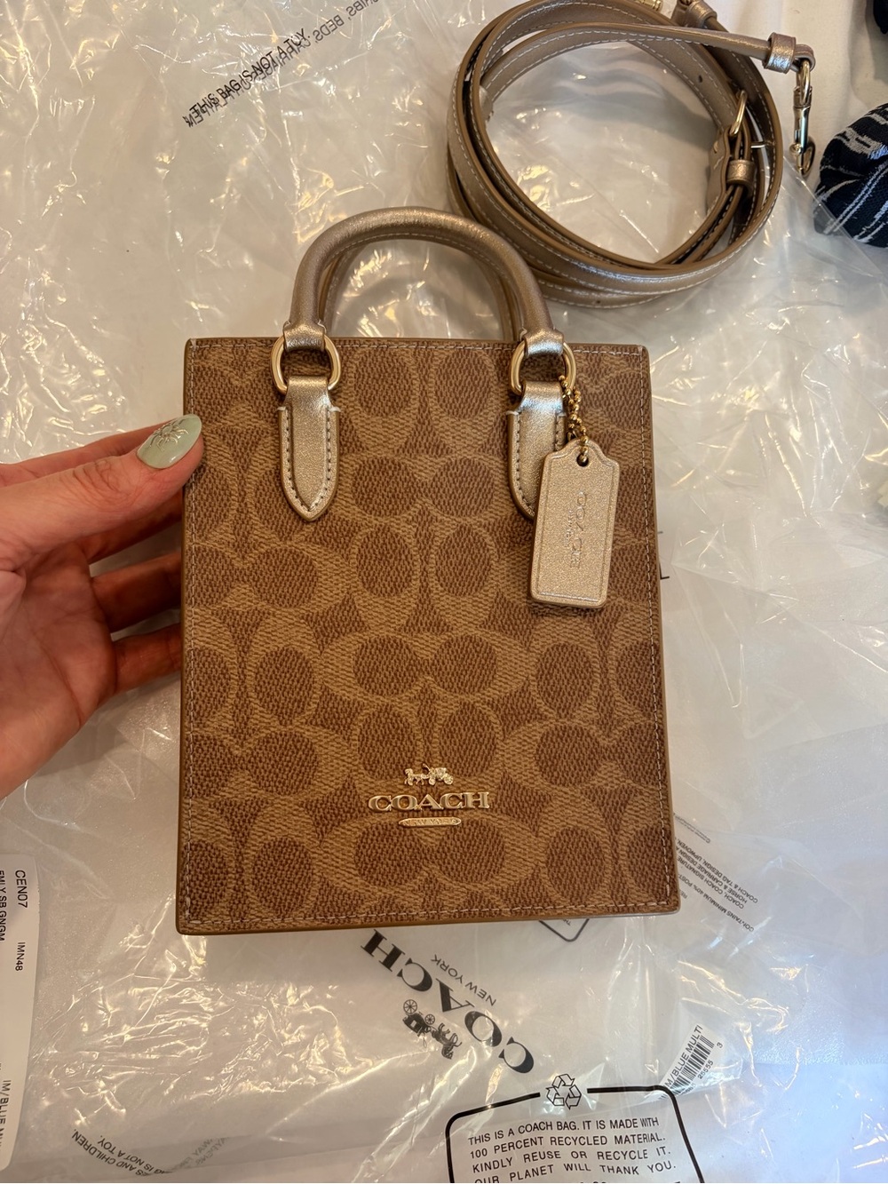 Coach Brown Signature Mini Tote with Metallic Tan Handles